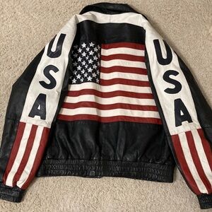 Caribou Creek Biker Black Leather USA Flag Jacket Coat Vintage L Large